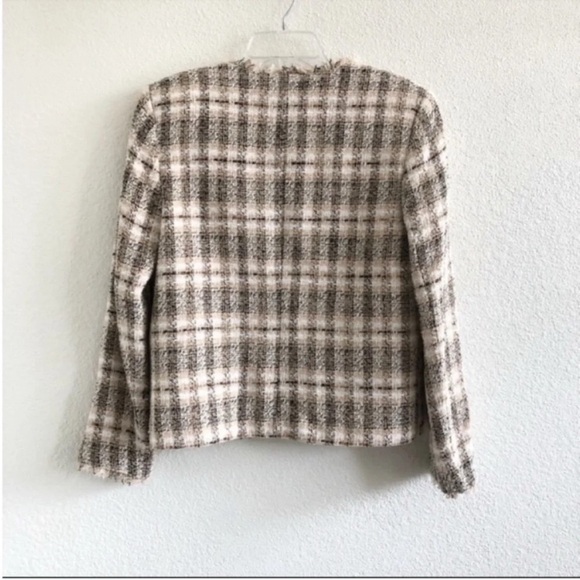 Zara Frayed Collarless V Neck Tweed Plaid Blazer - Picture 3 of 8